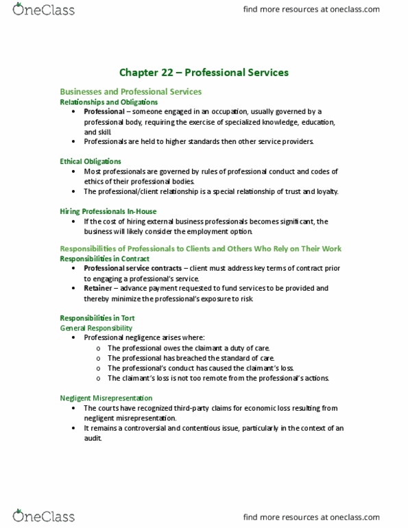 MCS 3040 Chapter Notes - Chapter 22: Professional Negligence In English Law, Fiduciary, Disclose thumbnail