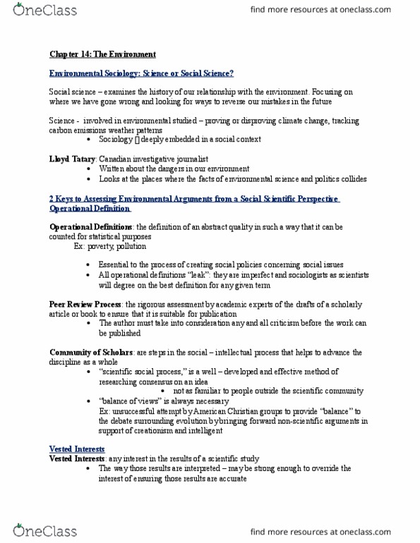 SA 150 Chapter Notes - Chapter 14: Ozone Depletion, Hunter-Gatherer, Social Ecology thumbnail