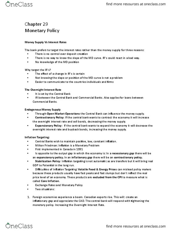 EC140 Chapter Notes - Chapter 29: Monetary Policy, Inflation Targeting, The Overnight thumbnail