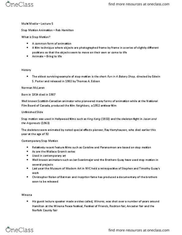 MMEDIA 1A03 Lecture Notes - Lecture 5: Ray Harryhausen, Norman Mclaren, Stop Motion thumbnail