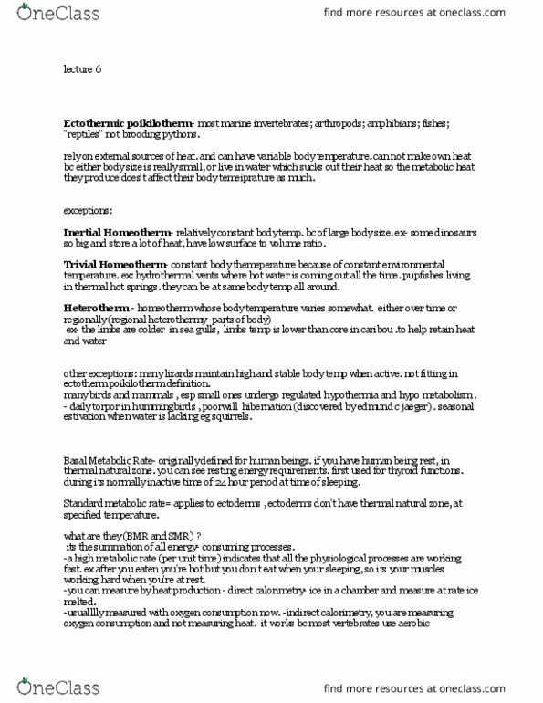 BIOL 174 Lecture Notes - Lecture 6: Basal Metabolic Rate, Indirect Calorimetry, Metabolic Water thumbnail