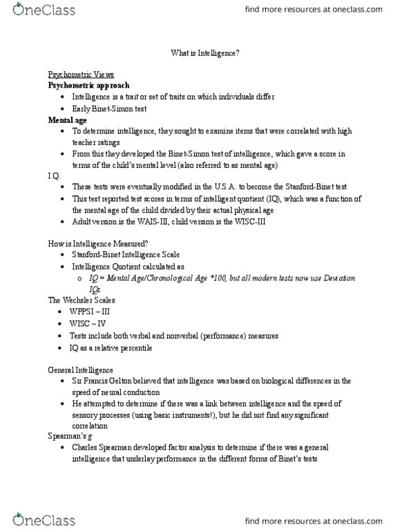 CHYS 2P10 Lecture Notes - Lecture 6: Wechsler Intelligence Scale For Children, Fluid And Crystallized Intelligence, Mental Scale thumbnail