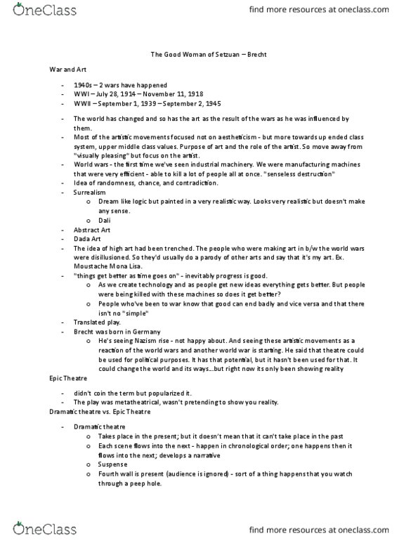 ENG122H5 Lecture Notes - Lecture 5: Fourth Wall, Distancing Effect, Metatheatre thumbnail