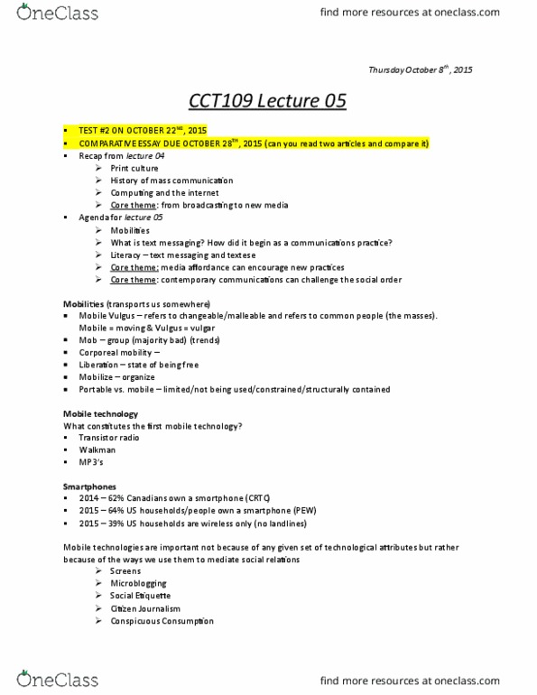 CCT109H5 Lecture Notes - Lecture 5: Short Message Service, Transistor Radio, Citizen Journalism thumbnail