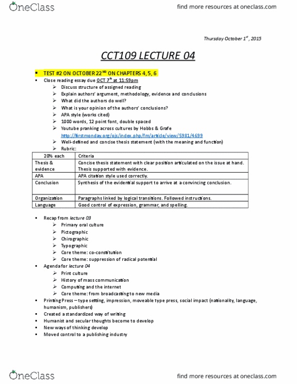 CCT109H5 Lecture Notes - Lecture 4: Apa Style, Thesis Statement, Close Reading thumbnail