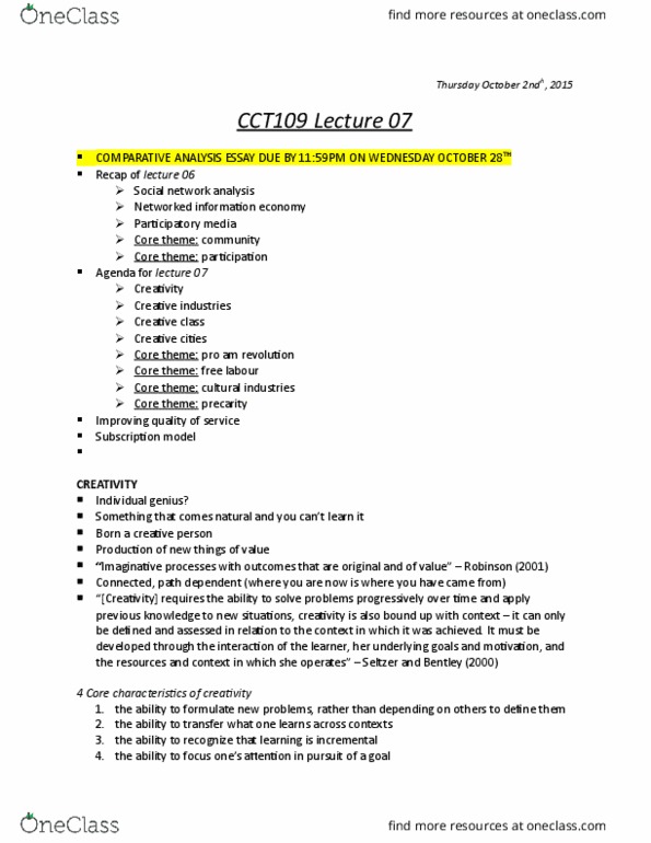 CCT109H5 Lecture Notes - Lecture 7: Creative Industries, Participatory Media, Creative Class thumbnail