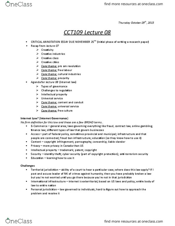 CCT109H5 Lecture Notes - Lecture 8: Universal Service, Computer Security, Free Culture Movement thumbnail