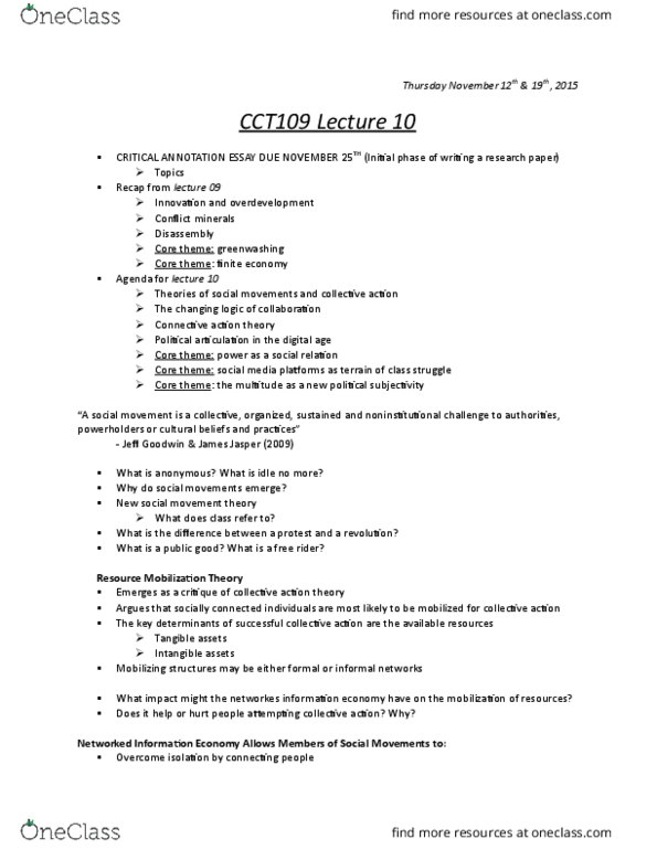 CCT109H5 Lecture Notes - Lecture 10: Jeff Goodwin, Conflict Resource, Political Subjectivity thumbnail