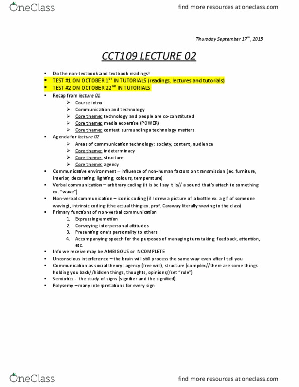 CCT109H5 Lecture Notes - Lecture 2: Nonverbal Communication, Linguistics, Polysemy thumbnail