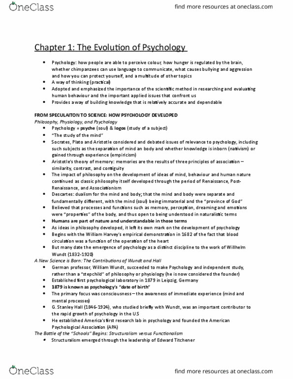 PSY100Y5 Chapter Notes - Chapter 1: American Psychological Association, Edward B. Titchener, Wilhelm Wundt thumbnail