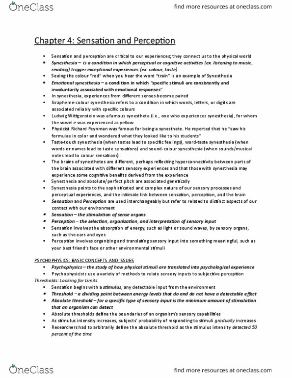 PSY100Y5 Chapter Notes - Chapter 4: Subliminal Stimuli, Synesthesia, Absolute Threshold thumbnail