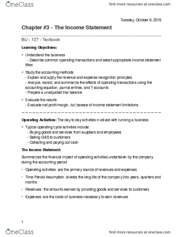 BU127 Chapter Notes - Chapter 3: Retained Earnings, Trial Balance, Net Income thumbnail