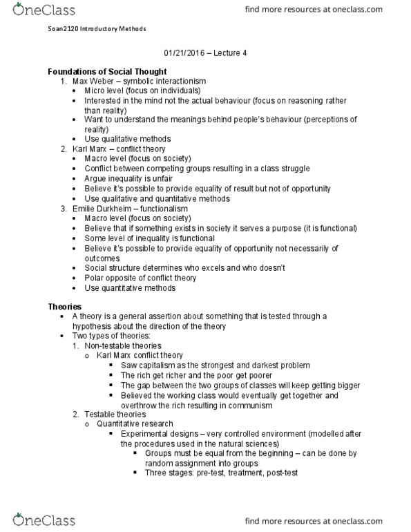 SOAN 2120 Lecture Notes - Lecture 4: Random Assignment, Symbolic Interactionism, Likert Scale thumbnail