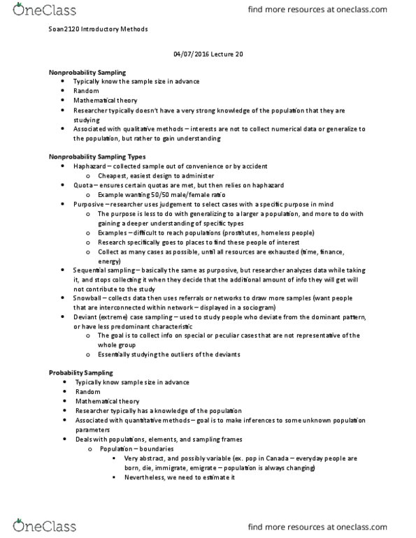 SOAN 2120 Lecture Notes - Lecture 20: Sampling Frame, Stratified Sampling, Deeper Understanding thumbnail