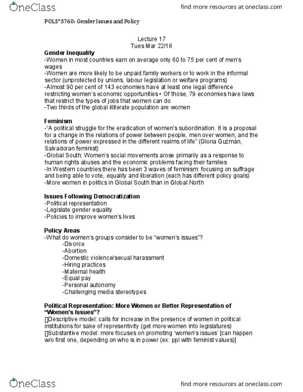 POLS 3670 Lecture Notes - Lecture 17: North–South Divide, Maternal Health, Liberal Democracy thumbnail