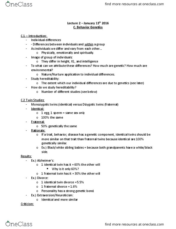 PSY 1102 Lecture Notes - Lecture 2: Epigenetics, Heredity, Epigenome thumbnail