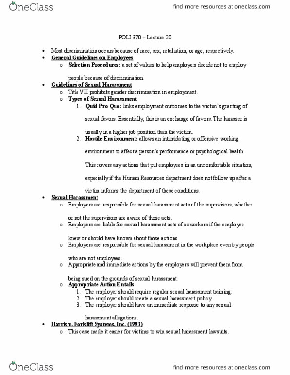 POLI 370 Lecture Notes - Lecture 20: Civil Rights Act Of 1964, Institute For Operations Research And The Management Sciences, The Employer thumbnail