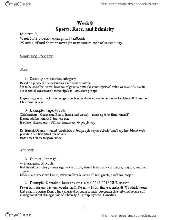 SOC 505 Lecture Notes - Lecture 8: Tiger Woods, Daniel Snyder, Chink thumbnail