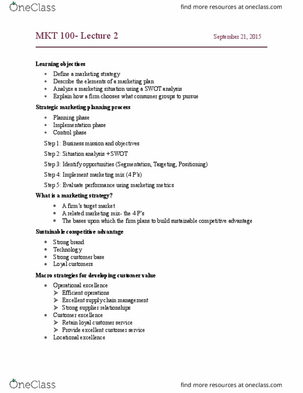 MKT 100 Lecture Notes - Lecture 2: Marketing Mix, Starbucks, Operational Excellence thumbnail