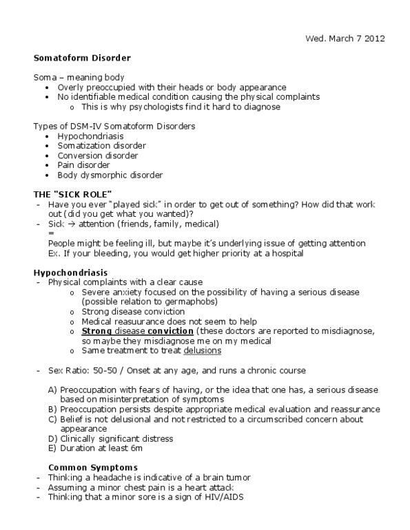 PSYC 235 Lecture Notes - Body Dysmorphic Disorder, Somatic Symptom Disorder, Somatization Disorder thumbnail