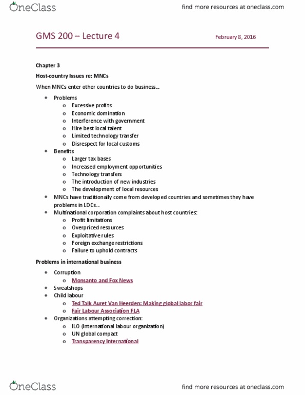 GMS 200 Lecture Notes - Lecture 4: United Nations Global Compact, Transparency International, Multinational Corporation thumbnail