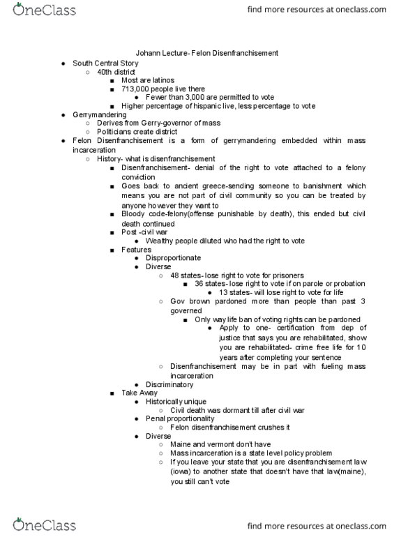 LEGALST 160 Lecture Notes - Lecture 36: Misdemeanor, Fourteenth Amendment To The United States Constitution, Gerrymandering thumbnail