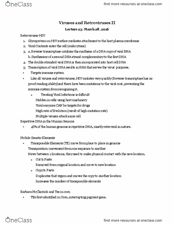 Biology 1202B Lecture Notes - Lecture 23: Retrovirus, Cell Membrane, Retrotransposon thumbnail