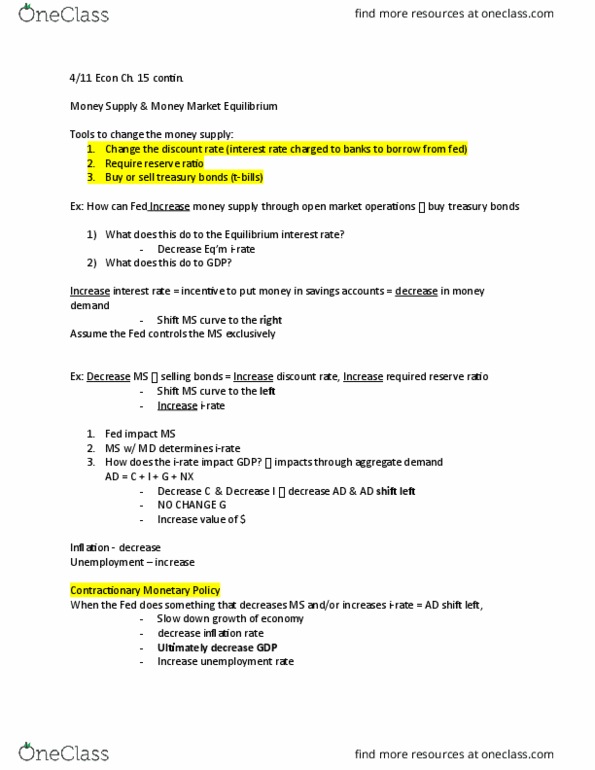 ECON 1040 Lecture Notes - Lecture 17: Reserve Requirement, Open Market Operation, Economic Equilibrium thumbnail