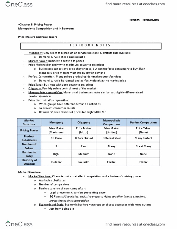 ECO105Y1 Chapter Notes - Chapter 8: Monopolistic Competition, Oligopoly, Demand Curve thumbnail