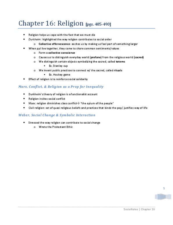 SOCA02H3 Chapter Notes -Collective Effervescence, Class Conflict, Civil Religion thumbnail