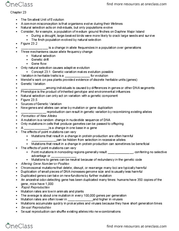 BIO 1406 Lecture Notes - Lecture 11: Daphne Major, Sexual Reproduction, Allele Frequency thumbnail