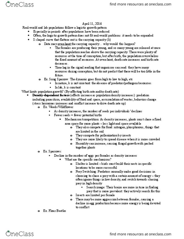 BIOLOGY 152 Lecture Notes - Lecture 33: Logistic Function, Species Richness, Organism thumbnail