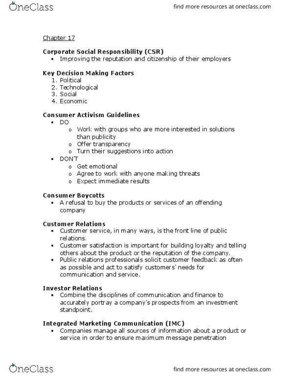 JOUR 250 Chapter Notes - Chapter 17: Customer Service, Corporate Social Responsibility, Customer Satisfaction thumbnail