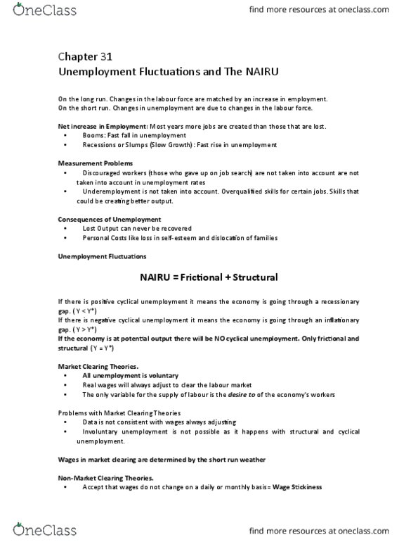 EC140 Chapter Notes - Chapter 31: Underemployment, Market Clearing, Output Gap thumbnail