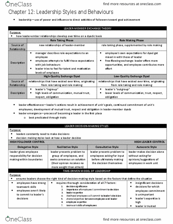 ORGS 1000 Chapter Notes - Chapter 12: High High, Work Unit, Transformational Leadership thumbnail