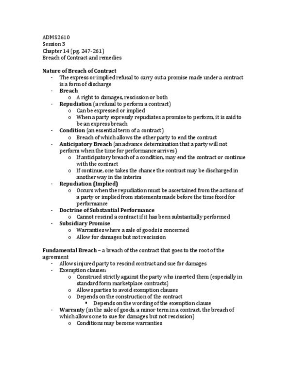 ADMS 2610 Lecture Notes - Rescission, Syllogism, Specific Performance thumbnail