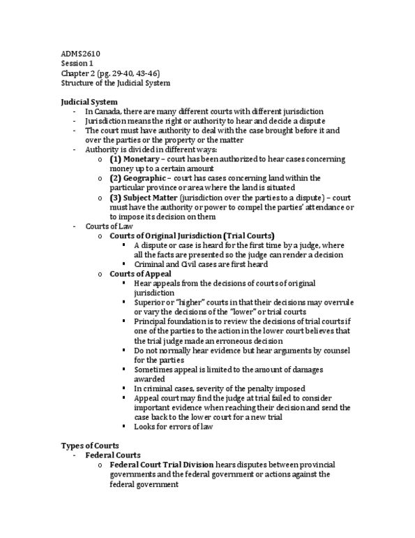 ADMS 2610 Lecture Notes - Provincial And Territorial Courts In Canada, Summary Offence, Actus Reus thumbnail