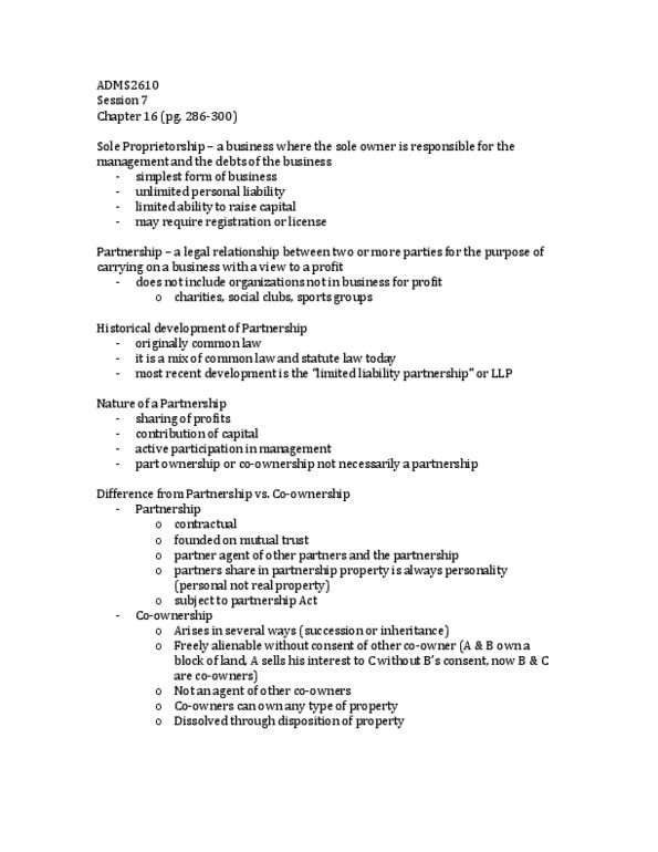 ADMS 2610 Lecture Notes - Limited Liability Partnership, Limited Liability, Sole Proprietorship thumbnail