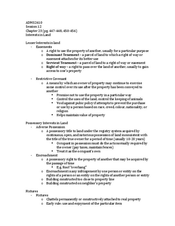 ADMS 2610 Lecture Notes - Adverse Possession thumbnail