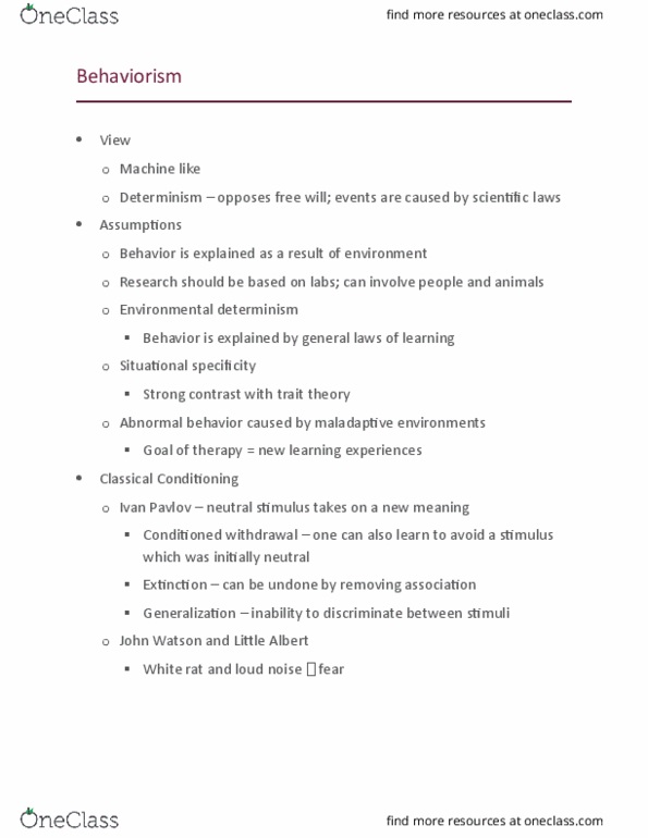 PSY 0160 Lecture Notes - Lecture 9: Determinism, Little Albert Experiment, Trait Theory thumbnail