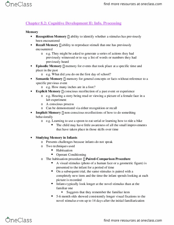 Psychology 2040A/B Chapter Notes - Chapter 8: Preadolescence, Recognition Memory, Metamemory thumbnail