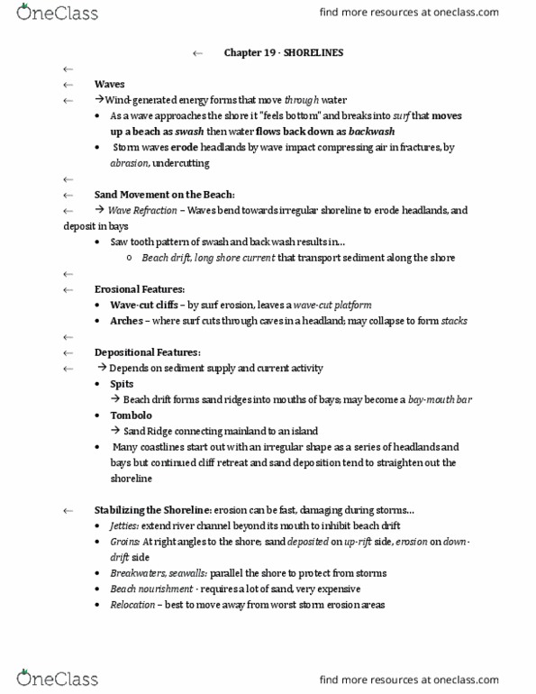 Earth Sciences 1022A/B Lecture Notes - Lecture 19: Beach Nourishment, Baymouth Bar, Wave-Cut Platform thumbnail