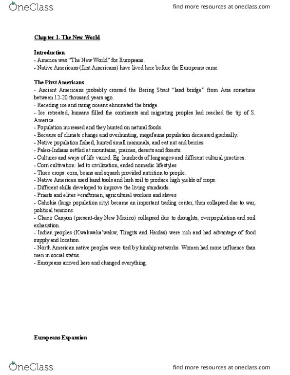 HIST 172 Chapter Notes - Chapter 1: Social Stratification, Encomienda, Paleo-Indians thumbnail