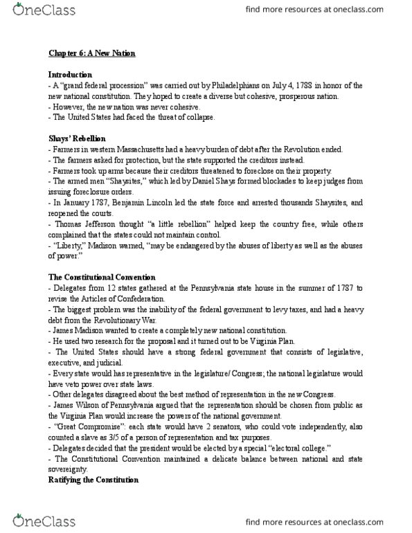 HIST 172 Chapter Notes - Chapter 6: Connecticut Compromise, Benjamin Lincoln, Tax Collector thumbnail