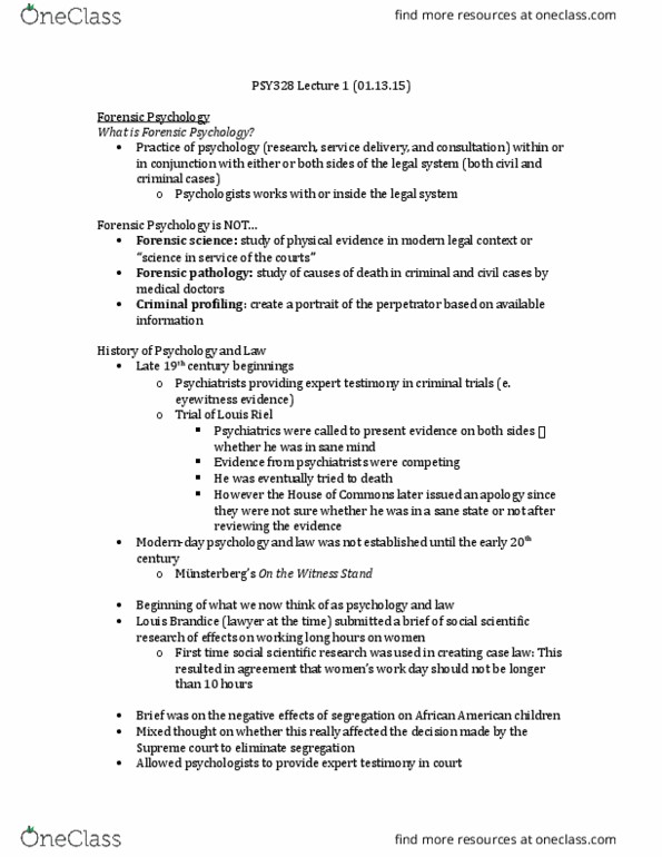 PSY328H1 Lecture Notes - Lecture 1: Adversarial System, Forensic Pathology, Offender Profiling thumbnail