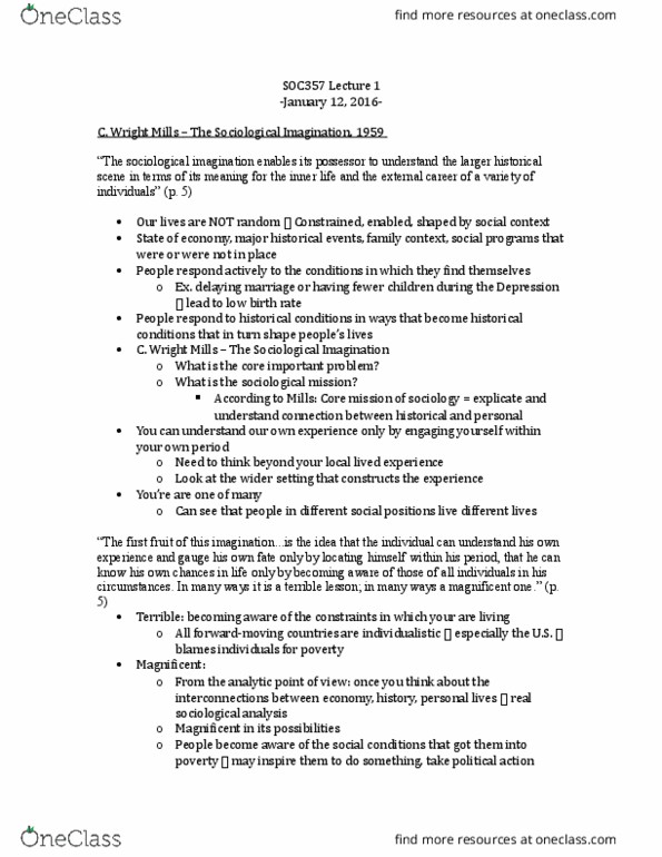 SOC357H1 Lecture Notes - Lecture 1: The Sociological Imagination, G.I. Bill, Economic Stratification thumbnail