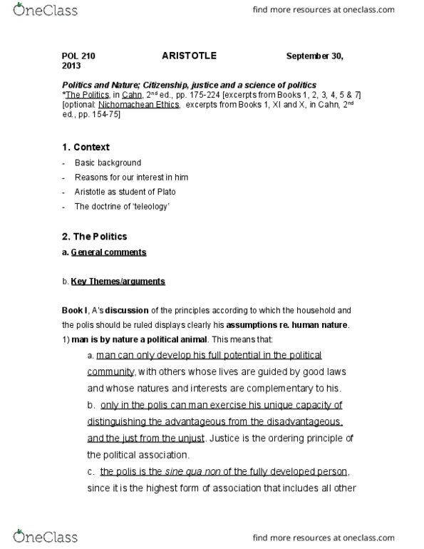 POL 210 Lecture Notes - Lecture 9: Nicomachean Ethics, Oligarchy, Distributive Justice thumbnail