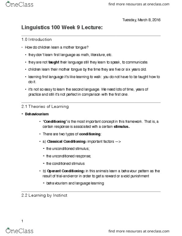 LING 100 Lecture Notes - Lecture 9: Regular And Irregular Verbs, Pragmatics, Classical Conditioning thumbnail