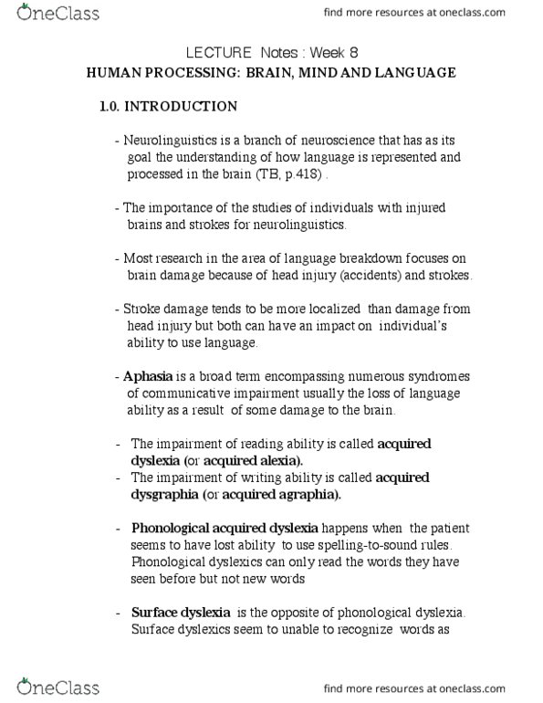 LING 100 Lecture Notes - Lecture 8: Cerebral Cortex, Agrammatism, Ct Scan thumbnail