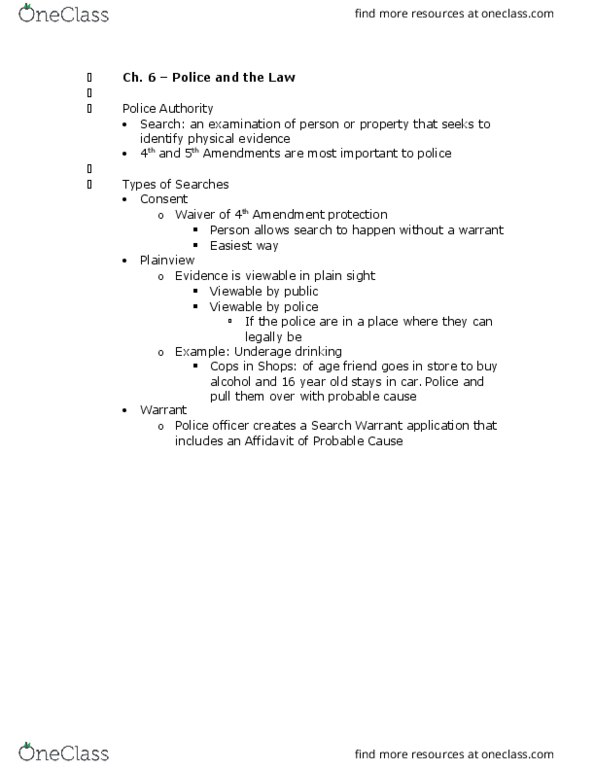 CRIM 100 Lecture Notes - Lecture 6: Deadly Force, Exclusionary Rule, Affidavit thumbnail